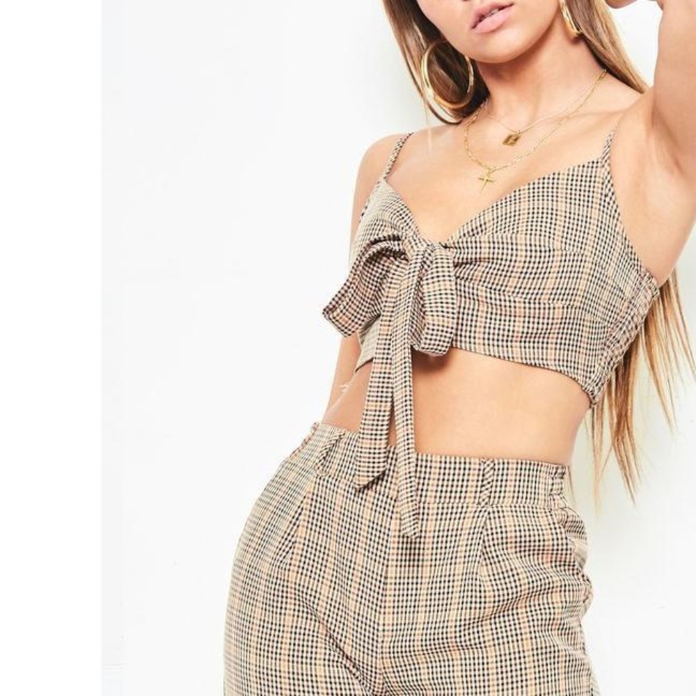 Salty Plaid Striped Bow V Neck Crop Top
